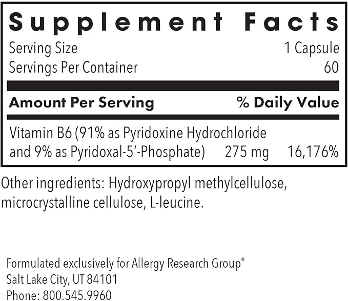 Allergy Research Group Pyridoxine P5P Supplement - Active Vitamin B6 275mg Pyridoxal-5-Phosphate Metabolism Support Hypoallergenic Vegetarian Capsules - 60 Count
