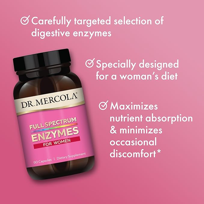 Dr. Mercola Full Spectrum Enzymes for Women - 22 Diverse Enzymes - Supports Digestive &amp Gut Health - Non-GMO Gluten-Free &amp Soy-Free - 90 Capsules (90 Servings)