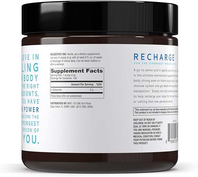 Pure Power L-Glutamine Unflavored 17.6 oz (500 g) 100 Servings (1 Jar) 5 g Per Serving Non-GMO NSF Certified for Sport Dr. Mercola