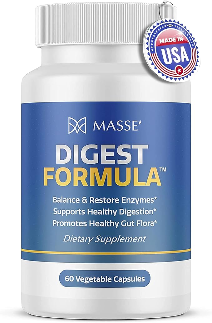 MASSE' Digest Formula Supplement Enzyme Boost Capsules - Advanced Formula for Digestive Health &amp Gut Flora Support - Natural Organic Enzyme Supplement for Digestive Care and Overgrowth- 60 Count