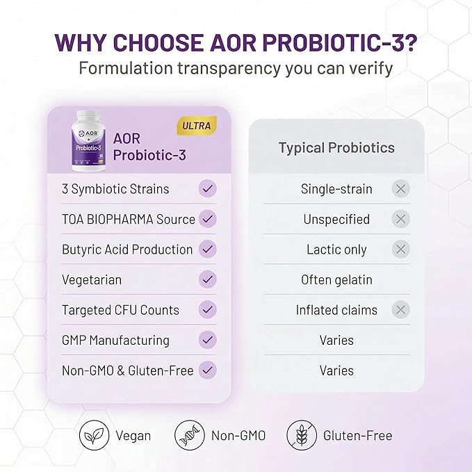 AOR Probiotic 3 90 Capsules – 30-45-Day Supply for Daily Digestive Balance &amp Gut Health Shelf-Stable Gluten-Free Non-GMO