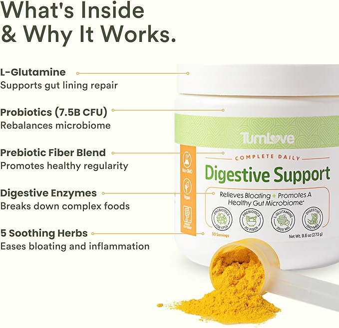 TumLove IBS Relief &amp Digestive Support Powder – Low FODMAP Certified Probiotics Prebiotics Digestive Enzymes L-Glutamine &amp 5 Soothing Herbs – Vegan Gluten-Free (30 Servings)