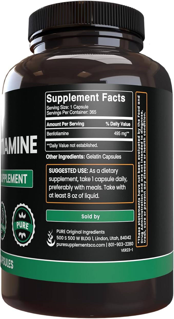 PURE ORIGINAL INGREDIENTS Benfotiamine (365 Capsules) No Magnesium Or Rice Fillers Always Pure