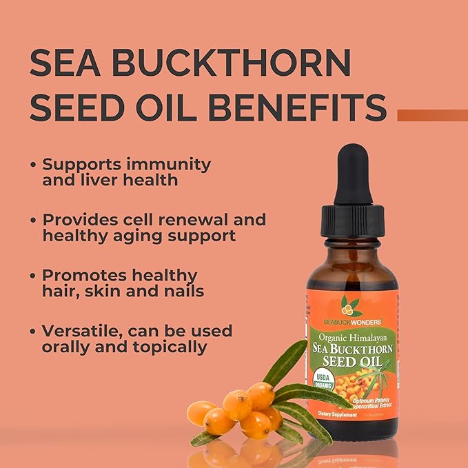 SEABUCKWONDERS Organic Sea Buckthorn Seed Oil 1 Fl Oz 30 Servings with Omega 3 6 &amp 9 Can Be Used Topically &amp Orally Supports Hair Skin &amp Nail Health