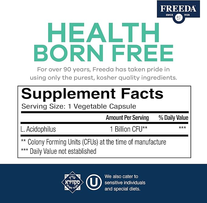 FREEDA Acidophilus Probiotic 1 Billion CFU - Lactobacillus Acidophilus Probiotics for Women &amp Men - Women's Probiotics for Digestive Health - Gut Health Supplements for Women &amp Men (250 Capsul