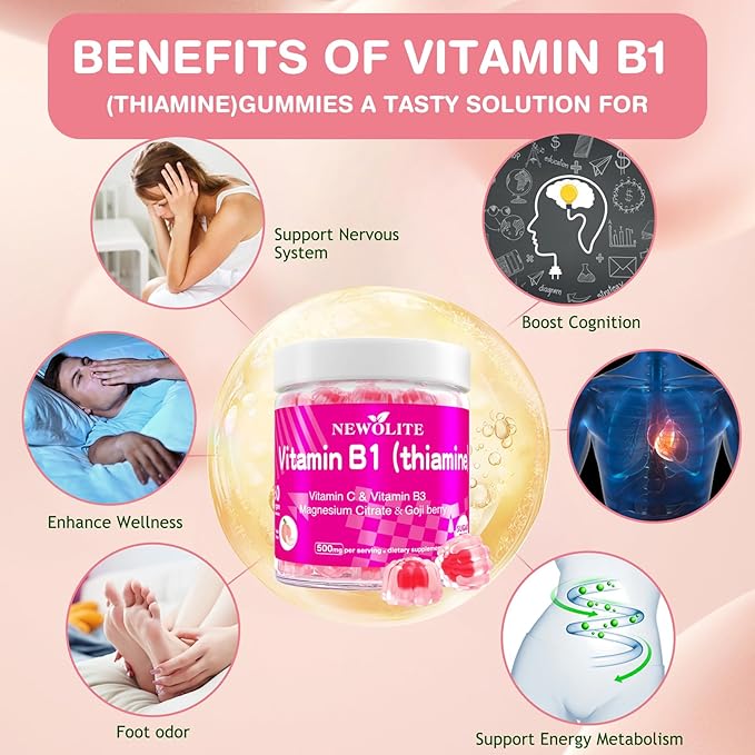 Vitamin B1 Gummies Chewable Thiamine 500mg &amp Vitamin B3 &amp Vitamin CSugar Free - Non GMOVeganNatural Peach Flavor - Thiamine B1 Supplement for Adults &amp Kids