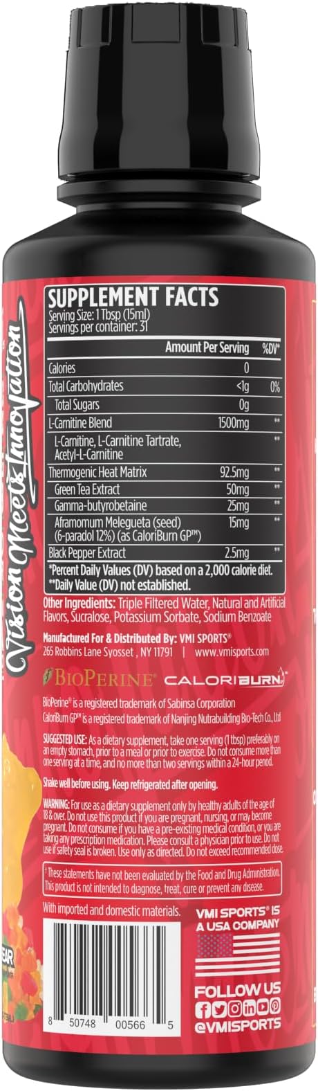 VMI Sports L-Carnitine 1500 Heat Liquid Enhanced Thermogenic | 1500 mg Carnitine | Maximum Absorption Formula | Great Taste for Men &amp Women | 31 Servings (Gummy Bear)
