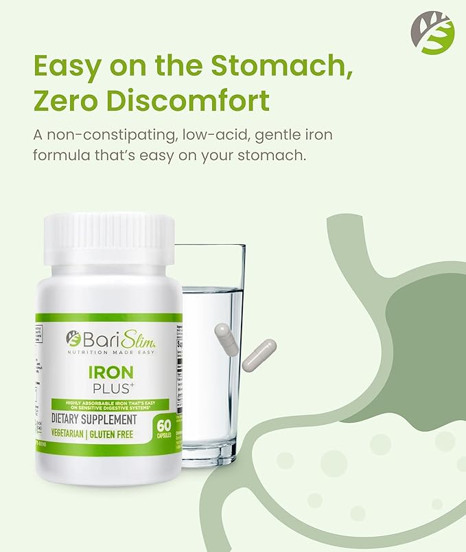 BariSlim Iron Plus Capsules - Formulated for Patients After Weight Loss Surgery Including Gastric Bypass &amp Gastric Sleeve – Easy Digestion &amp Comprehensive Health Support | 2 Month Supply (60 S