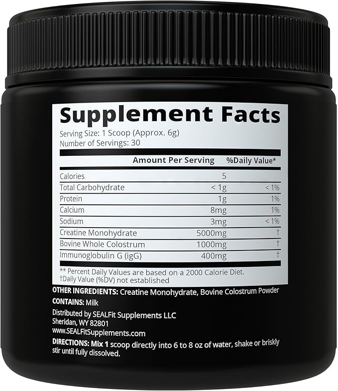 SEALFIT Creatine and Colostrum Powder - 5g Creatine Monohydrate + 1000mg Grass-Fed Bovine Colostrum per Scoop - Muscle Strength Recovery &amp Immune Support 30 Servings (6.35 oz)