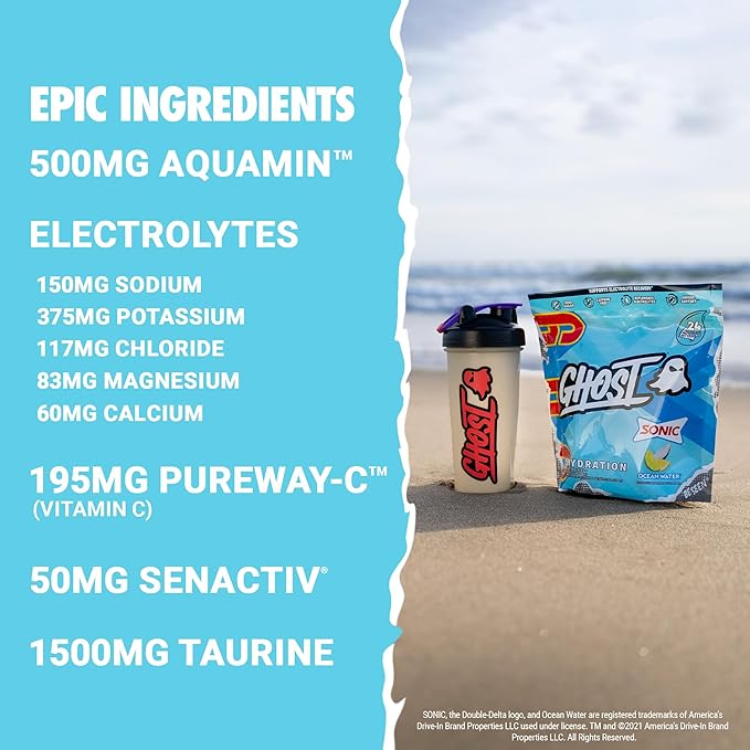 GHOST Hydration Packets Sonic Ocean Water 24 Sticks Electrolyte Powder - Drink Mix Supplement with Magnesium Potassium Calcium Vitamin C - Vegan Free of Soy Sugar &amp Gluten