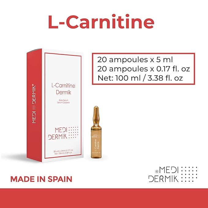 L-Carnitine Dermik 20 Ampoules x 5 ml (3.38 fl oz) targeted formula designed to support fat metabolism and improve the appearance of skin in areas prone to cellulite and loss of firmness.