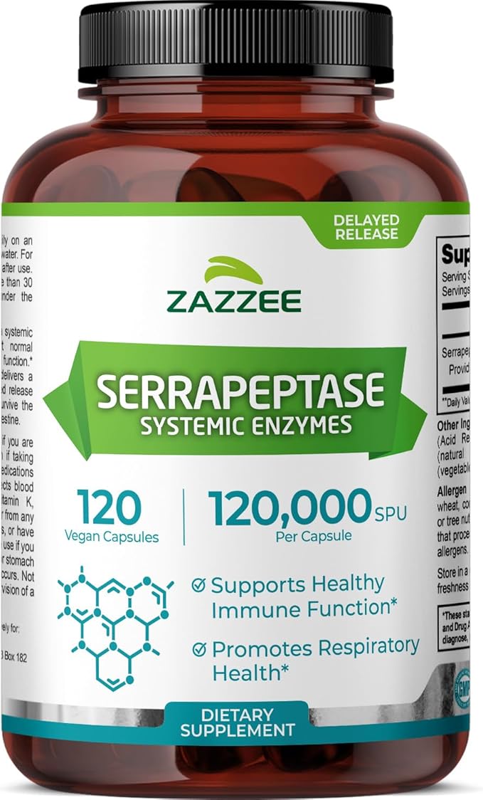 Zazzee Delayed Release Serrapeptase 120000 SPU per Capsule 120 Vegan Capsules 4 Month Supply Extra Strength Potent and Concentrated Systemic Enzymes 100% Vegetarian All-Natural and Non-GMO