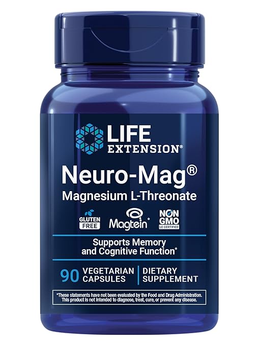Life Extension Neuro-Mag Magnesium L-Threonate Memory Health Quick Thinking Cognitive Health Support Vegetarian Non-GMO 90 Vegetarian Capsules (144 mg from 2000 mg Magtein magnesium L-threonate