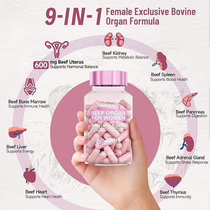 Beef Organs Supplement for Women: 600mg Beef Uterus Liver Kidney Heart for Primal Energy &amp Hormone Support – Complex with Herbs Multivitamin &amp Minerals – 60 Capsules Supplement