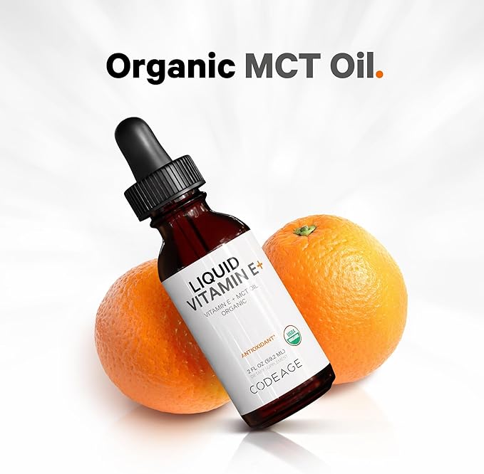 Codeage Liquid Vitamin E+ - USDA-Certified Organic Vitamin E - 2-Month Supply - D-Alpha Tocopherol Acetate Organic MCT Oil Orange Fruit Oil Unflavored Non-GMO Vegan Gluten-Free 2 fl oz