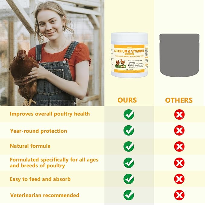 Selenium &amp Vitamin E Powder for Chickens | Poultry Nutrient Support Blend for Muscle Activity &amp Daily Balance | Feed Mix Additive for Chickens &amp All Poultry | 113g
