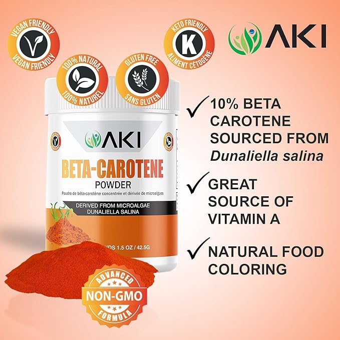 AKI Beta Carotene 10% Powder (1.5oz/42.52g) Highly Concentrated flavouring Fount of Vitamin A May Helps to Support Body Functions Skin Immune System and Eye - GMO Free &amp Vegan Friendly