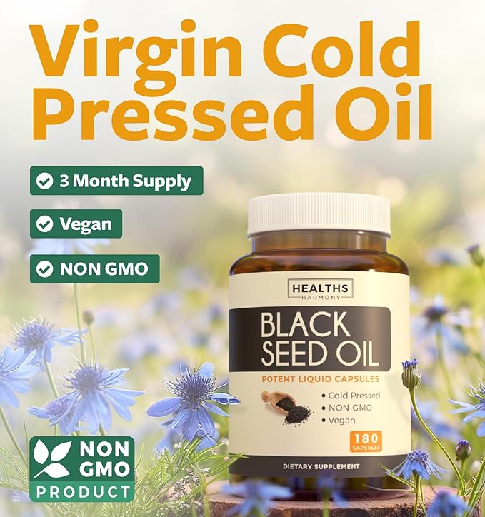 Black Seed Oil - 180 Softgel Capsules (Non-GMO &amp Vegan) Premium Cold-Pressed Nigella Sativa Producing Pure Black Cumin Seed Oil with Vitamin E - 500mg Each 1000mg Per 2 Capsule Serving
