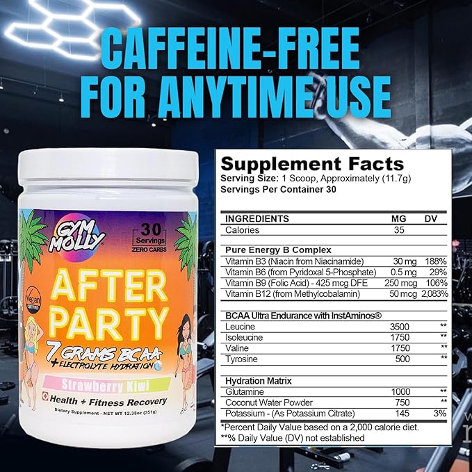 Gym Molly After Party Vegan BCAA Powder Electrolyte Powder BCAA Amino Acids After Post Workout Recovery Drink Zero Carbs Zero Sugar 35 Calories Caffeine-Free (Strawberry Kiwi)