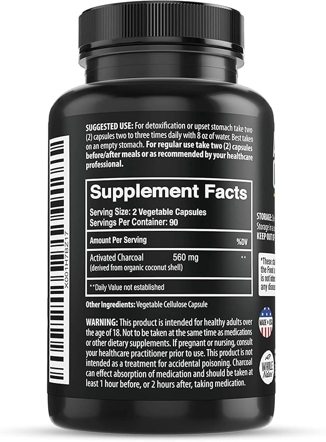 Coconut Activated Charcoal Capsules 180 Charcoal Capsules Teeth Whitening Helps Constipation Bloating Stomach Gas Heartburn Pure Coconut Derived Supplement (2)
