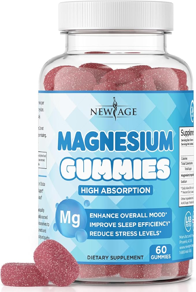 Magnesium Gummies - Calming Anti-Stress Gummies Magnesium Supplement for Adults and Kids Vegan Gelatin-Free Gluten-Free Non-GMO Delicious Natural Raspberry Flavor- 60 Count - by New Age