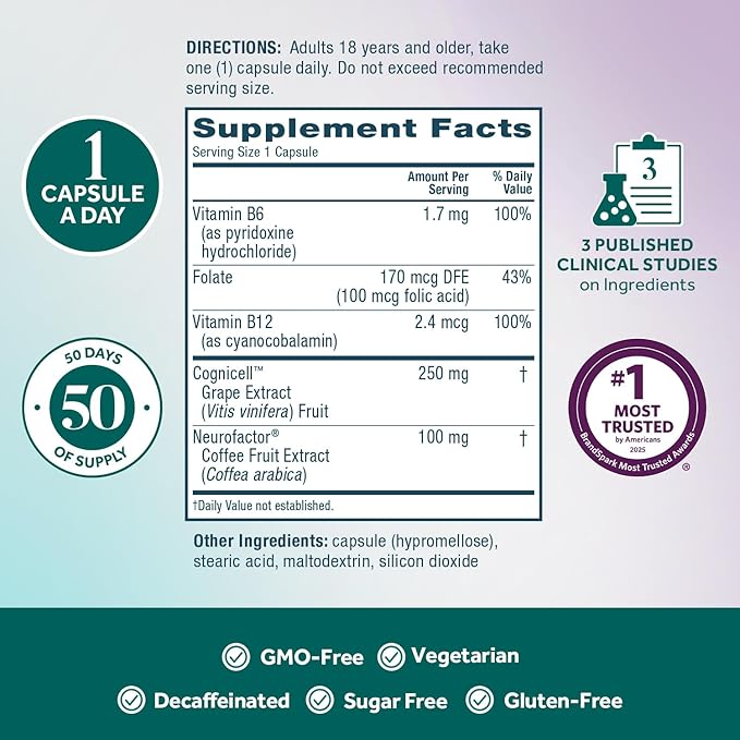 NEURIVA Memory 3D Brain Supplement - Decaffeinated Nootropic Capsules for Memory Focus &amp Cognitive Function - Short Term Long Term &amp Working Memory Support - 50ct