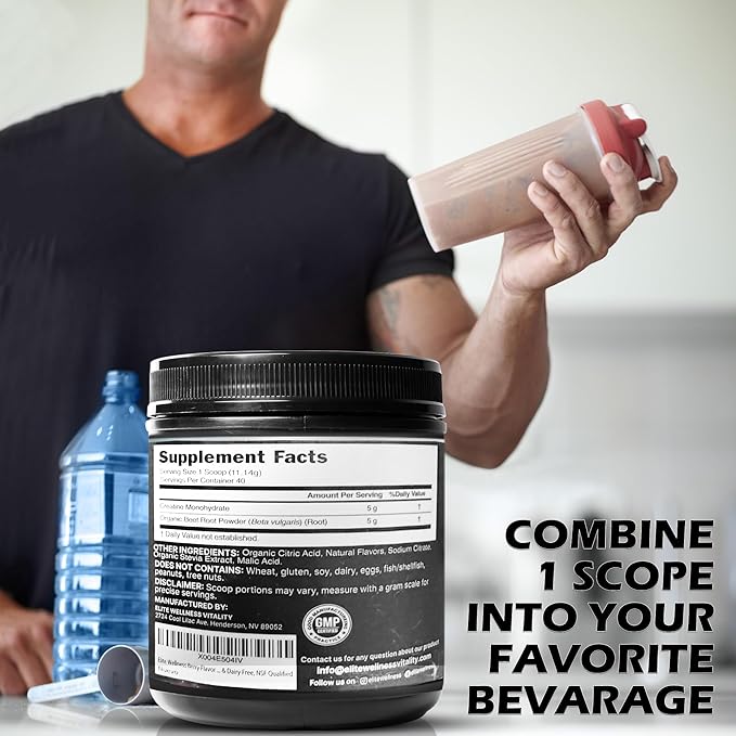 Elite Wellness Berry Flavor Creatine Monohydrate with Organic Beetroot Supplement - Supports Muscle Strength Stamina Cognitive Function &amp Athletic Performance Gluten &amp Dairy Free NSF Quali