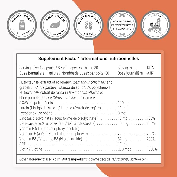 Supersmart Solar Prep Formula (Advanced Formula) - with Beta Carotene Biotin - Skin Supplement | Gluten Free &amp Vegetarian Friendly - 30 Capsules