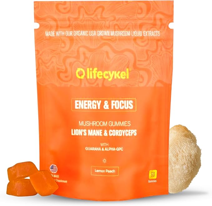Life Cykel - AM Energy and Focus Mushroom Gummies 60 Count - Organic Lion's Mane Gummies with Cordyceps Guarana &amp Alpha GPC for Mental Clarity Natural Energy Endurance &amp Focus - Lemon Peac
