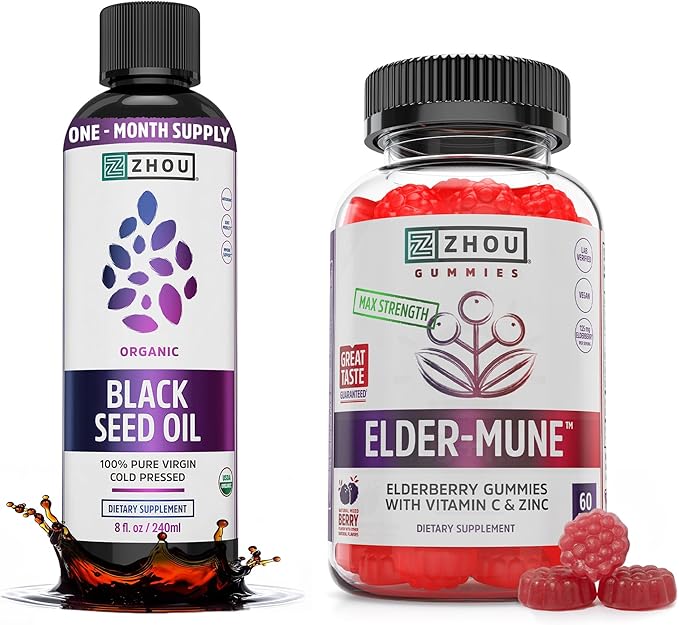 ZHOU Black Seed Oil &amp Elderberry Gummies with Vitamin C &amp Zinc - Black Cumin Seed Oil Cold Pressed Nigella Sativa Daily Immune Support Supplement for Women &amp Men - Pack of 2 8 fl oz + 6