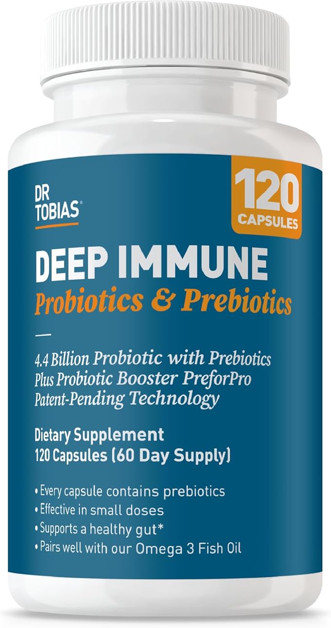 Dr. Tobias Deep Immune Probiotics &amp Prebiotics - Dual Action Digestion &amp Immune Support with PreforPro Prebiotics &amp Spore Forming Probiotics for Women &amp Men - 120 Capsules (60 Servings