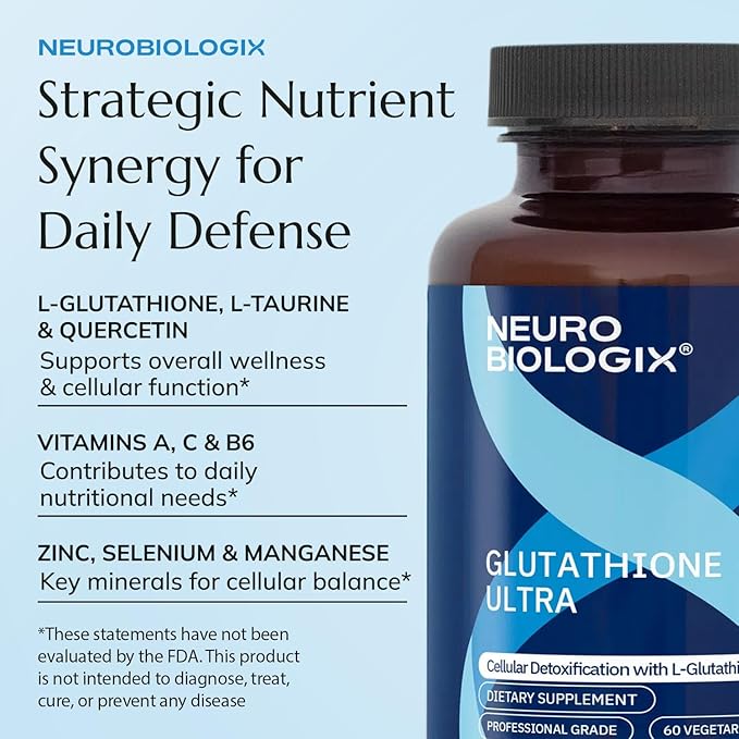 Neurobiologix Glutathione Ultra L-Glutathione Antioxidant Complex with Vitamin C A B2 B6 Zinc Selenium Manganese Taurine &amp Quercetin for Cellular Health Gluten Free 60 Vegetarian Capsule