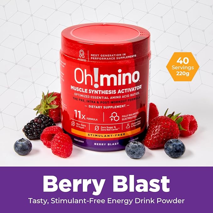Oh!mino Essential Amino Acids Supplement Berry Blast Stimulant-Free Powder All 9 EAAs BCAAs and The Perfect Amino for Workouts Amino Energy and to Build Muscle and Recover Faster