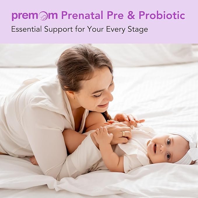 Premom Prenatal Pre &amp Probiotics for Women: 18 Diverse Organic Prebiotics Strains - Supports Digestive 30 Billion CFU Gut &amp Immune Health for Mom and Baby - Daily Capsules