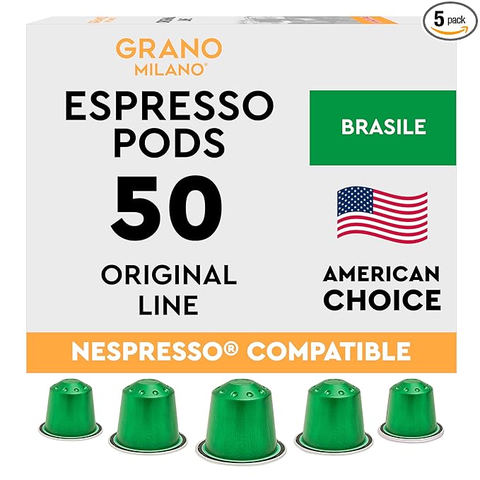 Grano Milano Brasile Coffee Capsules - 50 Aluminum Coffee Pods Compatible with Nespresso Original line100% Arabica Medium Roast - Intensity 7/12 Made in Italy