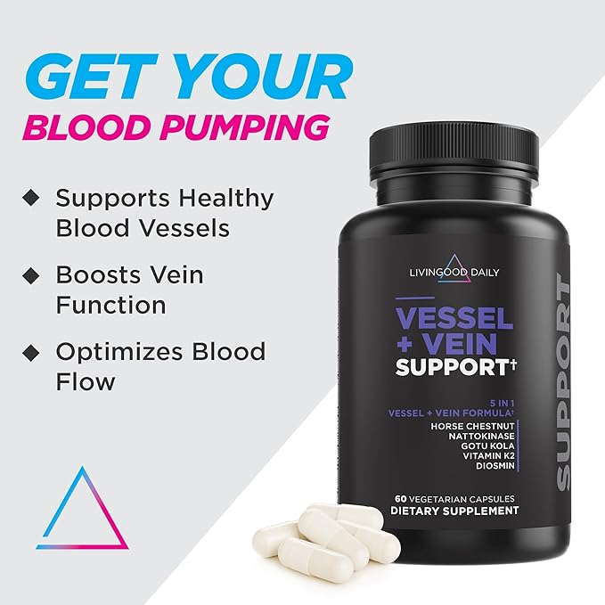 Livingood Daily Vessel &amp Vein Support Circulation &amp Vein Support Supplement with Diosmin Horse Chestnut Nattokinase Gotu Kola &amp Vitamin K2 Vascular &amp Vein Health Formula Gluten F