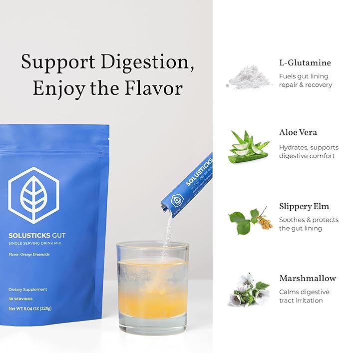 Terra Health Essentials Solusticks Gut - Leaky Gut Supplement - Complete Stomach Lining Repair Digestive Support &amp Muscle Recovery - Slippery Elm Licorice L Glutamine Powder - Orange 30 Sticks