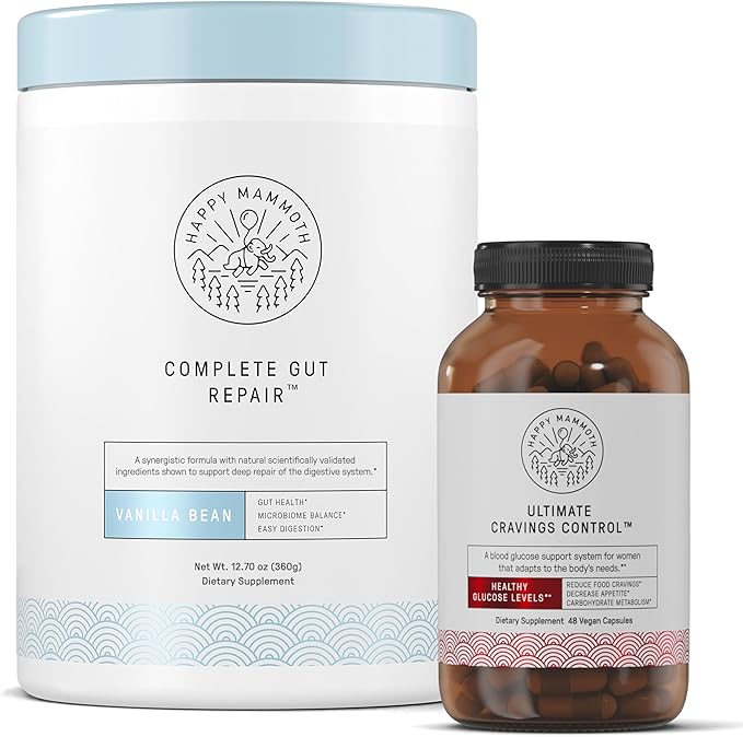 Happy Mammoth Gut Health Kit with Complete Gut Repair Powder and Ultimate Craving Control Capsules Supports Digestion Metabolism and Healthy Appetite Management 2-Piece Set