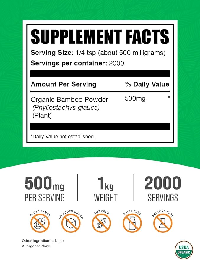 BulkSupplements.com Organic Bamboo Powder - Bamboo Powder Organic - Silica Supplement Gluten Free - 500mg per Serving 1kg (2.2 lbs) (Pack of 1)