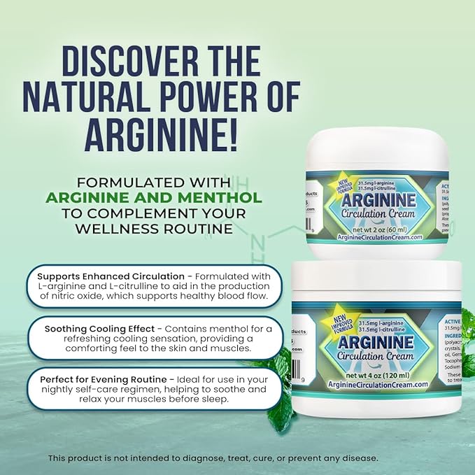 Arginine Circulation Cream 4 oz - Menthol L Arginine &amp L Citrulline Lotion - Supports Healthy Leg &amp Body Blood Flow - Whole Family Products
