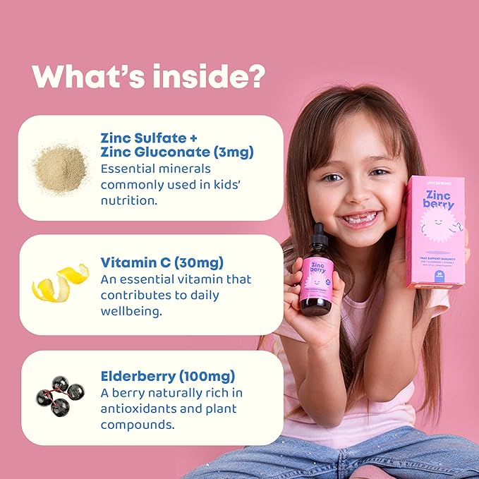 JoySpring ZincBerry - Kids Zinc &amp Vitamin Supplement (2 fl oz) Immune Support Drops with Elderberry Flavor for Kids 3-16+ Years