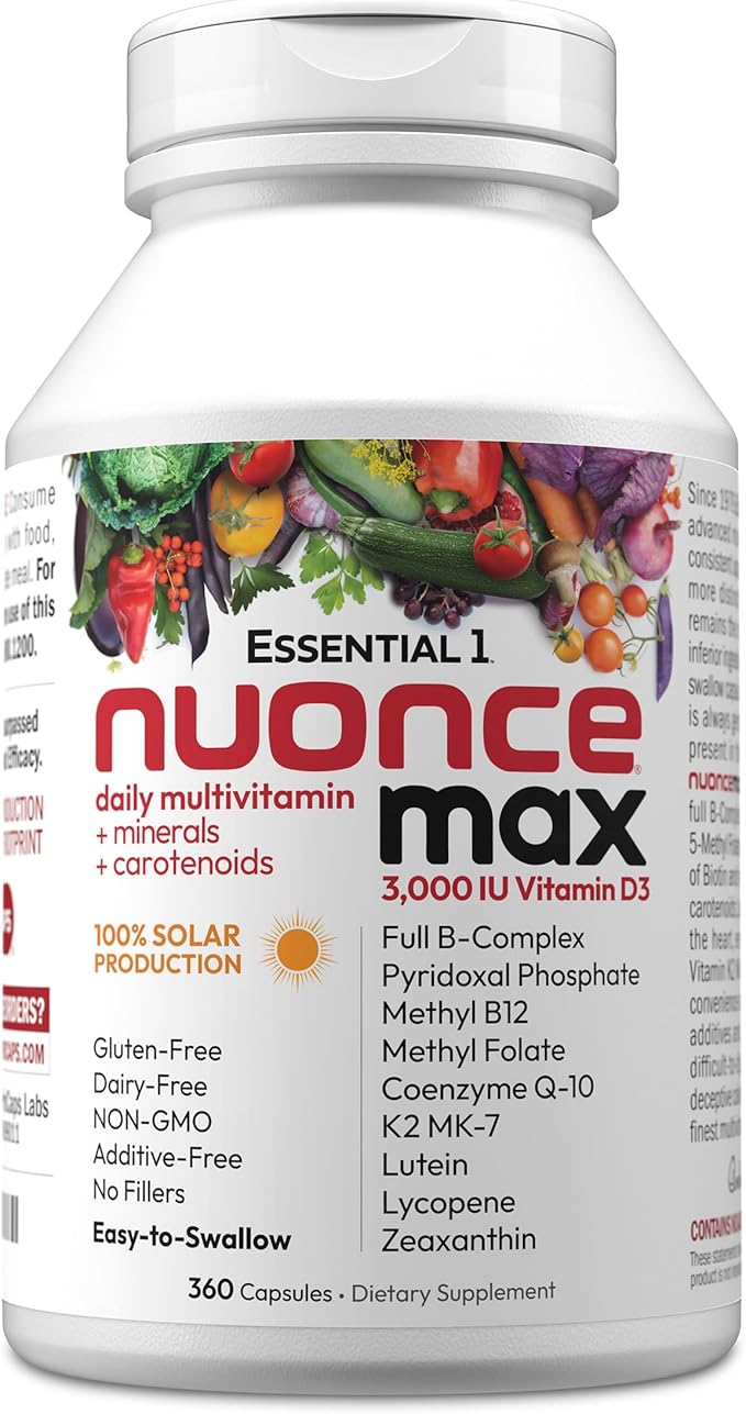 ANDREW LESSMAN Essential-1 nuonce max Multivitamin 3000 IU Vitamin D3 360 Small Capsules. 100 mcg Methyl B12. CoQ10 Lutein Lycopene Zeaxanthin. High Potency. No Additives. Ultra-Mild One Daily Capsule