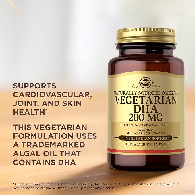 Solgar Vegetarian DHA 200 mg - 50 Vegetarian Softgels - Naturally Sourced Omega-3 - Vegan Gluten Free Dairy Free - 50 Servings
