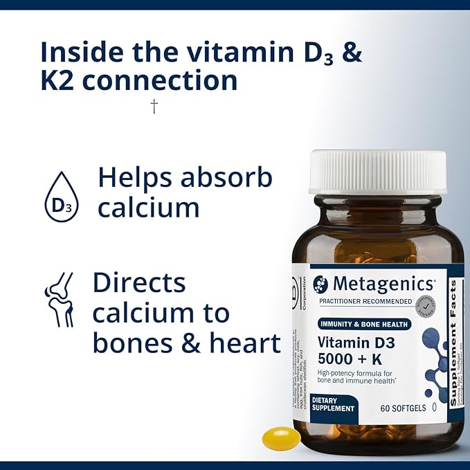 Metagenics Vitamin D3 + K - for Artery Health Immune Support Bone &amp Heart Health* - Vitamin D with MK-7 (Vitamin K2) - Non-GMO - Gluten-Free - 60 Softgels - 5000 IU