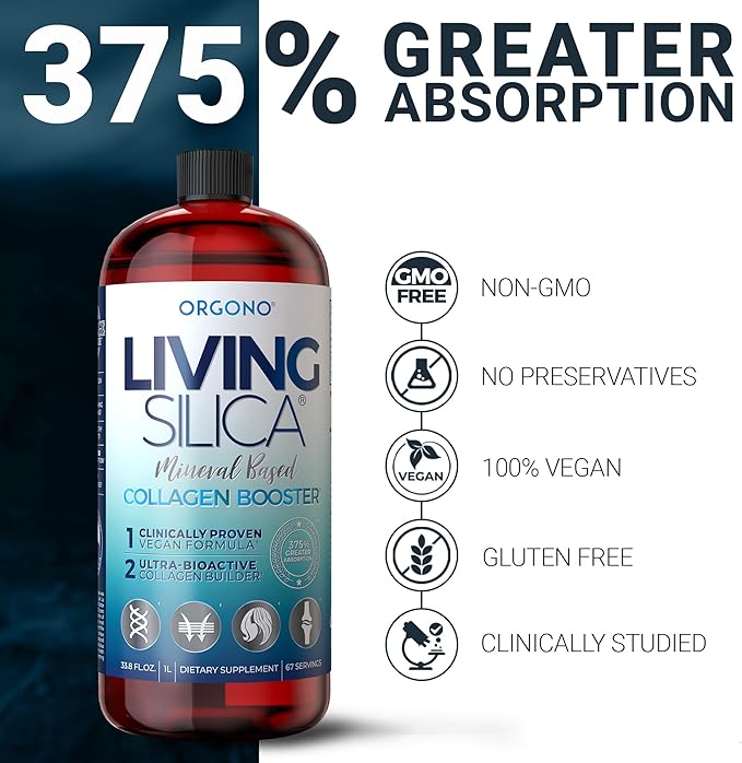Living Silica ORGONO Collagen Booster | Vegan Mineral-Based Silica Supplement | Supports Healthy Collagen &amp Elastin Production for Joint &amp Bone Support Glowing Skin Strong Hair &amp Nails |