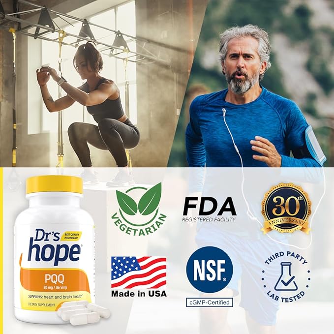 Dr's Hope Pyrroloquinoline Quinone Supplement 20 mg - Promotes Brain Heart &amp Mental Performance - For Muscle Function Energy Production &amp Longevity - Gluten Free - 30 Vegan Capsules - 1 Mont