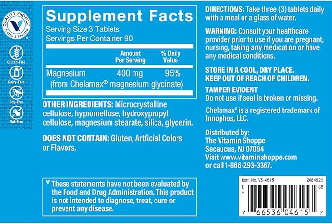 The Vitamin Shoppe Magnesium Glycinate 400 MG Fully Chelated Magnesium for Superior Absorption Supports Energy Production Relaxation &amp Sleep Support Cardiovascular Health Gluten Free 270 Tab