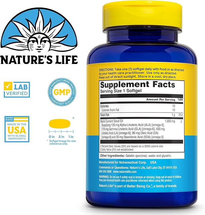 NATURE'S LIFE Black Currant Seed Oil 1000mg - Black Currant Oil Natural Source of Omega 6 Gamma Linolenic Acid (GLA) and Omega 3 Alpha-Linolenic Acid (ALA) 60-Day Guarantee 60 Servings 60 Softgels