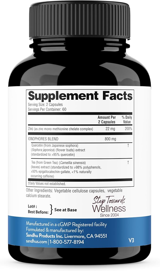 Sandhu's Zinc Supplement with Ionophores| Quercetin &amp Green Tea Extract for Superior Absorption and High Potency| 800mg Vegetarian Capsules 120 Count (Pack of 1)| Immune Support for Men &amp Wome