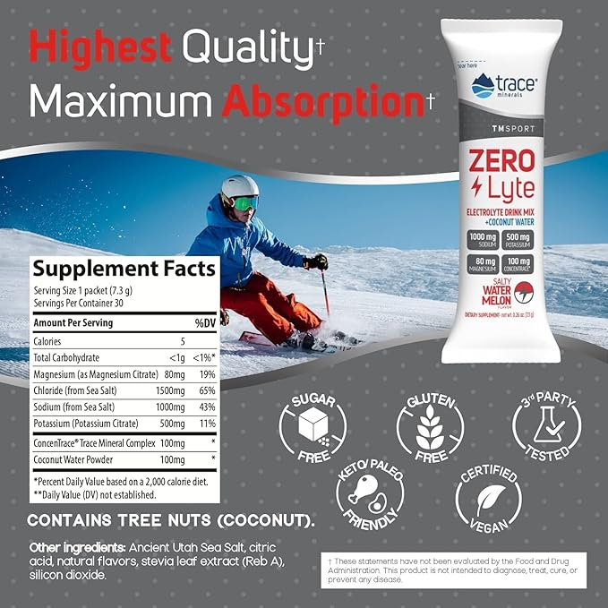 Trace Minerals ZeroLyte Salty Watermelon Flavor - Sugar Free Electrolyte Drink Mix - Supports Hydration Energy Stamina - Ancient Sea Salt Full Spectrum Minerals Coconut Water - 30 Packets